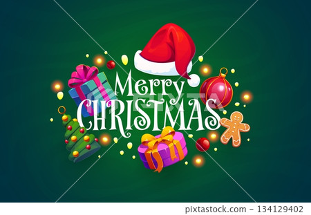 Merry Christmas holiday greeting card with baubles and gingerbread cookies, vector decorations. Christmas greetings for winter holiday with Santa hat, Xmas tree ornament and gift with magic sparkles 134129402