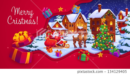 Paper cut Merry Christmas greeting with Santa in winter town on reindeer sleigh, cartoon vector. Santa with gifts bag on deer sledge and Xmas tree with paper cut decorations for Christmas holiday 134129405