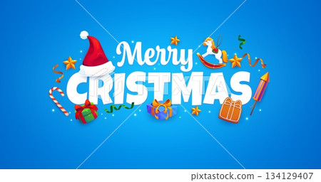 Merry Christmas greeting card with tinsel ribbons and Xmas tree decorations, vector banner. Christmas winter holiday greetings with Santa gifts, gingerbread cookie biscuits and petard fireworks 134129407