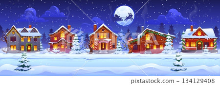 Winter snowy night Christmas town, village and city neighborhood landscape vector background. Cartoon Christmas town street, cozy houses and snowy trees with Xmas lights, Santa in sleigh with gifts 134129408