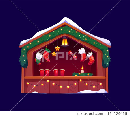 Christmas market booth, winter holiday street kiosk or bazaar store shop, cartoon vector. Christmas market booth with mulled wine drinks decorated with Christmas lights, gift socks and baubles Christmas market booth, winter holiday street kiosk or bazaar store shop, cartoon vector. Christmas market booth with mulled wine drinks decorated with Christmas lights, gift socks and baubles 134129416
