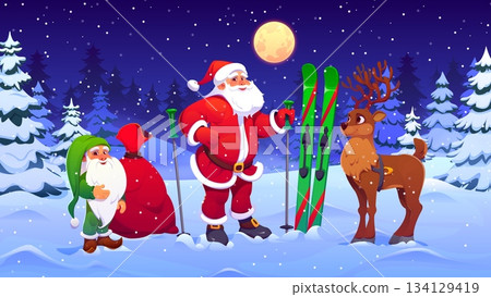 Santa Claus, reindeer and gnome characters at Christmas snowy forest, vector Xmas winter holiday night scene. Cartoon funny Santa with red sack of Christmas gifts and ski, cute reindeer and gnome Santa Claus, reindeer and gnome characters at Christmas snowy forest, vector Xmas winter holiday night scene. Cartoon funny Santa with red sack of Christmas gifts and ski, cute reindeer and gnome 134129419