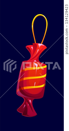Cartoon Christmas tree decoration, candy in wrapper for Xmas bauble ornament, vector icon. Christmas decoration and winter holiday retro ornament of chocolate candy in red wrapper with golden stripes 134129423