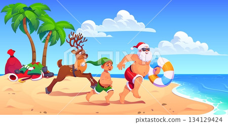 Santa Claus, reindeer and Christmas elf characters running to tropical beach for summer swimming, vector Xmas holiday. Cartoon summer Santa and helpers characters going to swim on tropical beach 134129424