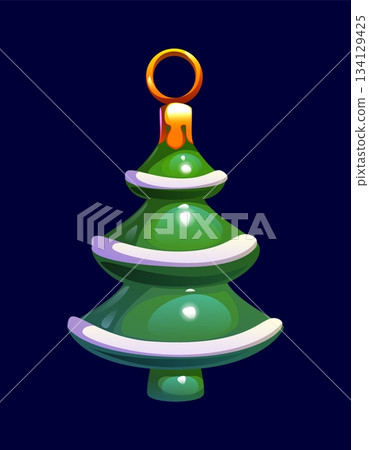 Cartoon Christmas tree decoration or fir or pine tree toy ornament, vector icon. Winter holiday ornament or Christmas tree retro decoration of snowy green Xmas tree in snow for New Year greeting 134129425