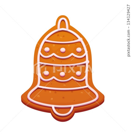 Cartoon Christmas gingerbread cookie or bell biscuit for winter holiday pastry, vector icon. Gingerbread cookie in shape of jingle bell with sweet icing glaze for Christmas and New Year decoration 134129427