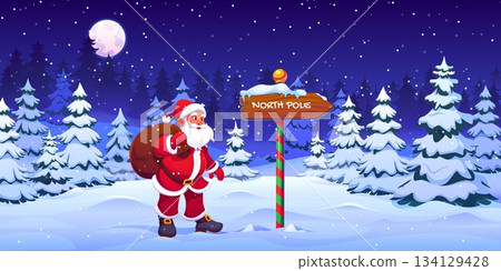 Cartoon Santa Claus near North Pole sign at winter Christmas forest, vector Xmas greeting card. Funny Santa character looking at North Pole arrow sign post with big gift bag at Christmas holiday night 134129428