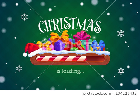 Christmas holiday countdown loading bar with glowing progress line and festive gift elements. Vector loading bar features shiny candy cane design with Santa hat and Christmas presents 134129432