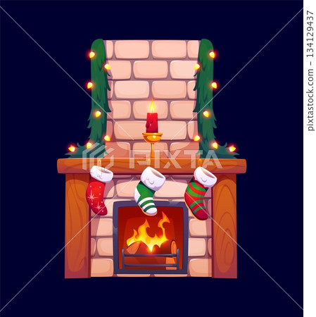 Christmas fireplace with gift socks, candles and Xmas lights string for winter holiday, , cartoon vector. Christmas fireplace with burning fire and decorated with garland and stockings for Santa gifts 134129437