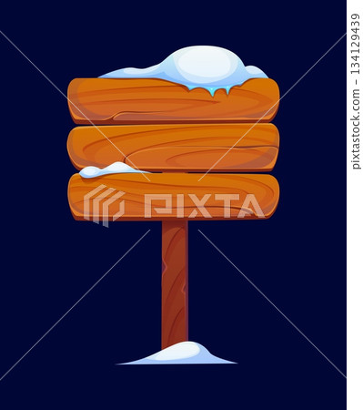 Wooden signboard in snow or rustic sign board to North Pole for winter holiday, cartoon vector. Signpost with wooden planks, direction or information sign board with snowcaps for Christmas signage 134129439