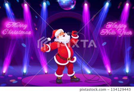 Santa Claus singing a Christmas song and dancing on disco party podium. Vector cool Santa singer character singing and rocking the stage with microphone, disco ball and lights, Christmas greeting card 134129443