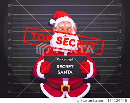 Cartoon Christmas secret Santa mugshot with black sign and top secret stamp, vector Xmas greeting card. Arrested bad Santa Claus character getting mugshot at police department with pixelated face 134129446