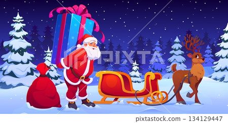Santa Claus with reindeer, sleigh and big gift box at Christmas holiday night, vector greeting card. Cartoon Santa character loading Xmas present box in deer sleigh on snow meadow of Christmas forest Santa Claus with reindeer, sleigh and big gift box at Christmas holiday night, vector greeting card. Cartoon Santa character loading Xmas present box in deer sleigh on snow meadow of Christmas forest 134129447