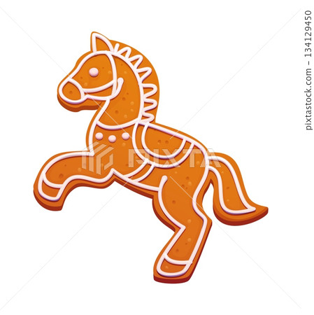 Christmas gingerbread horse cookie biscuit or winter holiday sweets, cartoon vector stallion. Traditional seasonal holiday baking biscuit cookie with icing decoration, Christmas gingerbread horse pony 134129450