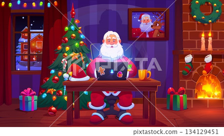 Cartoon Santa Claus with laptop computer in Christmas house interior with garland and fireplace, vector Xmas holiday. Happy Santa character sitting at desk and working on laptop, Christmas card Cartoon Santa Claus with laptop computer in Christmas house interior with garland and fireplace, vector Xmas holiday. Happy Santa character sitting at desk and working on laptop, Christmas card 134129451