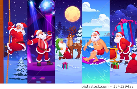 Cartoon Christmas Santa Claus characters in multiple holiday activities and poses. Vector Santa climbing rope, performing on nightclub, standing with reindeer, surfing, and carrying giant present 134129452