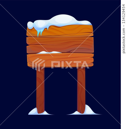 Wooden signboard with winter snow or Christmas holiday sign board, vector rustic signpost. Cartoon North Pole signboard of wooden planks with snowcaps and icicles for Christmas or New Year sign board Wooden signboard with winter snow or Christmas holiday sign board, vector rustic signpost. Cartoon North Pole signboard of wooden planks with snowcaps and icicles for Christmas or New Year sign board 134129454