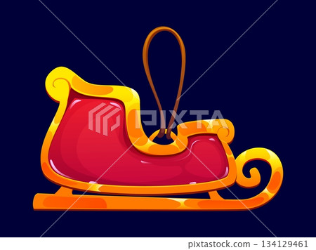 Cartoon Christmas tree decoration or Santa sleigh toy ornament, vector icon. Winter holiday ornament or Christmas tree retro decoration of Santa sledge or golden sled sleigh for New Year greeting Cartoon Christmas tree decoration or Santa sleigh toy ornament, vector icon. Winter holiday ornament or Christmas tree retro decoration of Santa sledge or golden sled sleigh for New Year greeting 134129461