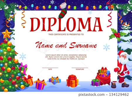 Christmas and winter holiday diploma certificate. Vector Xmas gift frame with Santa Claus character, present boxes, gift bag and decorated fir tree under falling snowflakes on winter forest background 134129462