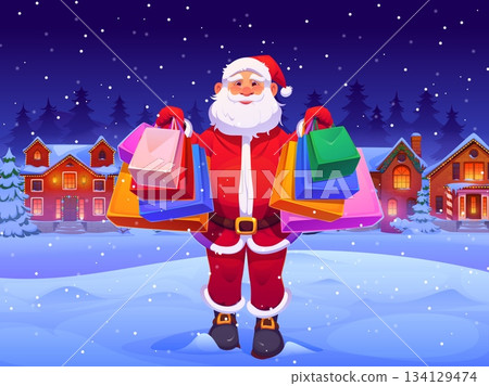 Cartoon Santa Claus character with shopping bags, Christmas sale season. Happy Santa vector personage standing on snowy street of Xmas winter holiday town with color paper shopping bags in his hands 134129474