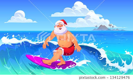 Summer surfing Santa with surfboard on beach, tropical Christmas holiday cartoon character catching waves in hawaiian paradise. Vector Xmas greeting card of Santa surfer with red shorts on surf board Summer surfing Santa with surfboard on beach, tropical Christmas holiday cartoon character catching waves in hawaiian paradise. Vector Xmas greeting card of Santa surfer with red shorts on surf board 134129476
