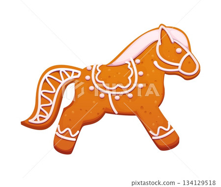 Christmas gingerbread cookie horse stallion for New Year traditional seasonal holiday baking biscuit. Cartoon vector horse or pony gingerbread cookie with icing decoration for Christmas pastry biscuit 134129518