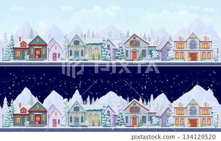 Christmas winter town or village landscape of cozy houses with snowy roofs, pine trees and frosted windows. Cartoon vector suburban street stretches across mountains and forest, day and night scenes Christmas winter town or village landscape of cozy houses with snowy roofs, pine trees and frosted windows. Cartoon vector suburban street stretches across mountains and forest, day and night scenes 134129520