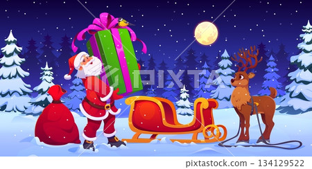 Santa Claus with big gift box near reindeer sleigh at winter forest cartoon background. Vector Christmas holiday scene of cute Santa and deer character delivering Xmas present with Christmas sleigh Santa Claus with big gift box near reindeer sleigh at winter forest cartoon background. Vector Christmas holiday scene of cute Santa and deer character delivering Xmas present with Christmas sleigh 134129522