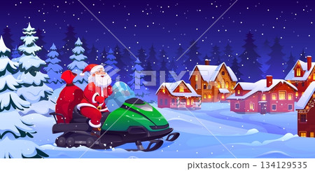 Santa Claus on snowmobile with gifts sack at winter Christmas holiday town or village. Vector Xmas greeting card with cartoon Santa character riding snowmobile to delivery Christmas gifts and presents Santa Claus on snowmobile with gifts sack at winter Christmas holiday town or village. Vector Xmas greeting card with cartoon Santa character riding snowmobile to delivery Christmas gifts and presents 134129535