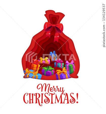 Paper cut gifts bag on Christmas greeting card. Vector Xmas holiday 3d layered frame in shape of red Santa Claus sack with colorful presents inside. Festive papercut Christmas and New Year gifts Paper cut gifts bag on Christmas greeting card. Vector Xmas holiday 3d layered frame in shape of red Santa Claus sack with colorful presents inside. Festive papercut Christmas and New Year gifts 134129537