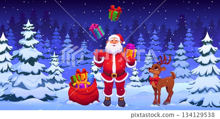 Santa Claus juggling Christmas gifts at winter snowy forest, vector Xmas holiday greeting card. Cartoon funny Santa juggler character showing circus trick with festive gift boxes to cute Xmas reindeer Santa Claus juggling Christmas gifts at winter snowy forest, vector Xmas holiday greeting card. Cartoon funny Santa juggler character showing circus trick with festive gift boxes to cute Xmas reindeer 134129538