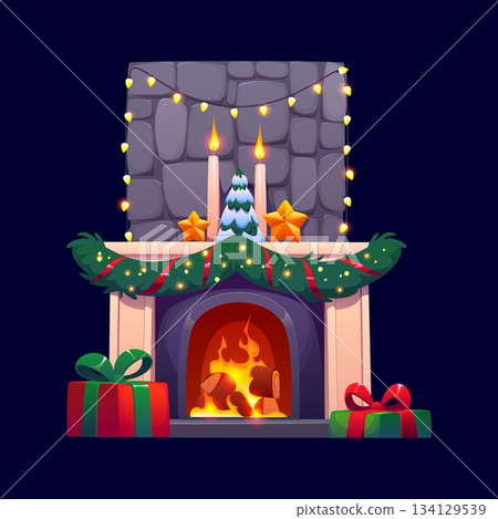 Christmas fireplace with Santa gifts, candles and Xmas decoration wreath, cartoon vector. Winter holiday Christmas fireplace with fire and decorated with fir tree ornaments and Xmas lights garland Christmas fireplace with Santa gifts, candles and Xmas decoration wreath, cartoon vector. Winter holiday Christmas fireplace with fire and decorated with fir tree ornaments and Xmas lights garland 134129539