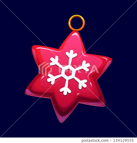 Cartoon Christmas tree decoration of star with snowflake ornament, vector icon. Winter holiday retro decoration and Christmas tree toy bauble ornament of glossy red star for Xmas and New Year 134129555