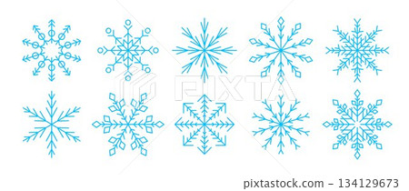 Blue linear snowflakes set. Simple snow flake icon collection for Christmas and Happy New Year decor, winter holiday decoration, greeting card design elements. Vector illustration bundle 134129673