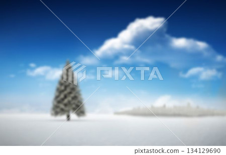 Solitary evergreen tree is standing on snow field in flat design while clouds are drifting 134129690