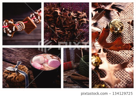 Holiday autumn tabletop flat design collage showing gingerbread, hot chocolate, leaves and twine Holiday autumn tabletop flat design collage showing gingerbread, hot chocolate, leaves and twine 134129725