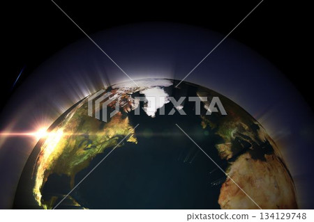 Vector flat design is showing illuminated Earth hemisphere in outer space view with sun lens flare Vector flat design is showing illuminated Earth hemisphere in outer space view with sun lens flare 134129748