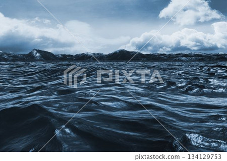 Sea and mountain against stromy sky 134129753