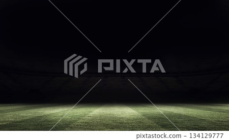 Flat design grass field is shining under stadium floodlights showing mowing stripes and dark stands Flat design grass field is shining under stadium floodlights showing mowing stripes and dark stands 134129777