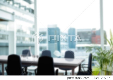 Flat design is showing wood conference table with swivel chairs and potted plant by windows Flat design is showing wood conference table with swivel chairs and potted plant by windows 134129786