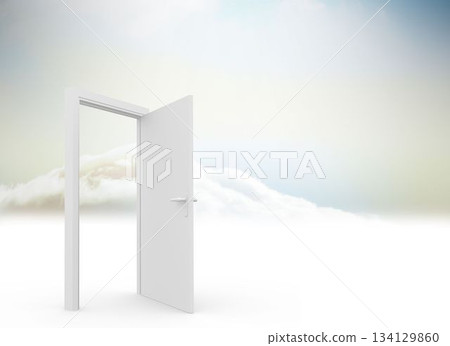 White door and frame are standing on plane in minimalist design, revealing clouds beyond pastel sky 134129860