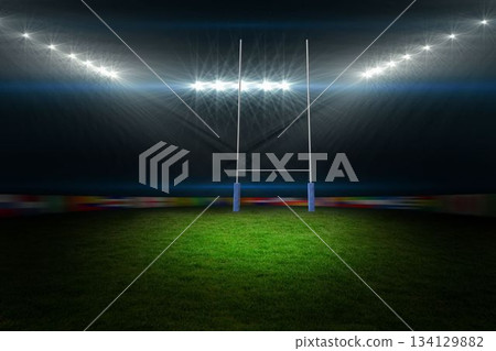 showing rugby goalpost with blue padding in flat style floodlit grassy field and banners showing rugby goalpost with blue padding in flat style floodlit grassy field and banners 134129882