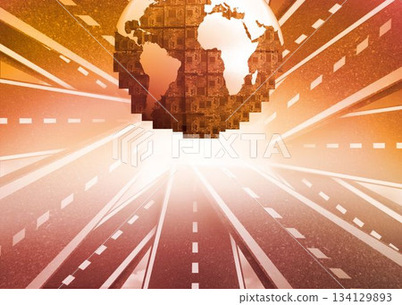 Digitally generated earth floating over streets Digitally generated earth floating over streets 134129893