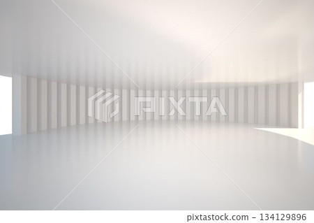 Empty curved interior hall is being shown in 3D render with arched ceiling, columns, light openings 134129896