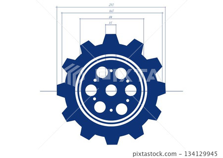 Blue mechanical gear is being shown in flat design with dimension lines and numeric labels 134129945