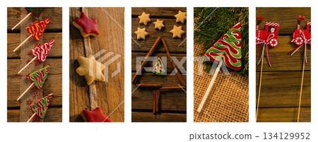 Christmas-themed flat-lay display is showing tree-shaped lollipops, cookies and wooden ornaments 134129952