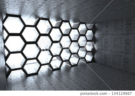 Minimalist concrete chamber is featuring honeycomb hexagonal grid casting bright light and shadows Minimalist concrete chamber is featuring honeycomb hexagonal grid casting bright light and shadows 134129987