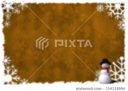 Snowman is wearing top hat, red scarf on brown backdrop, flat design snowflake border, copy space Snowman is wearing top hat, red scarf on brown backdrop, flat design snowflake border, copy space 134129994