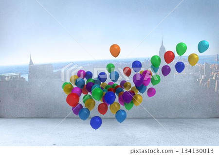 Many colourful balloons in room with city on wall Many colourful balloons in room with city on wall 134130013