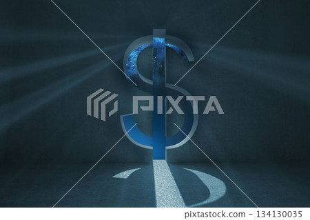 Metallic dollar sign standing in dim concrete chamber revealing starry sky and streaming blue light 134130035